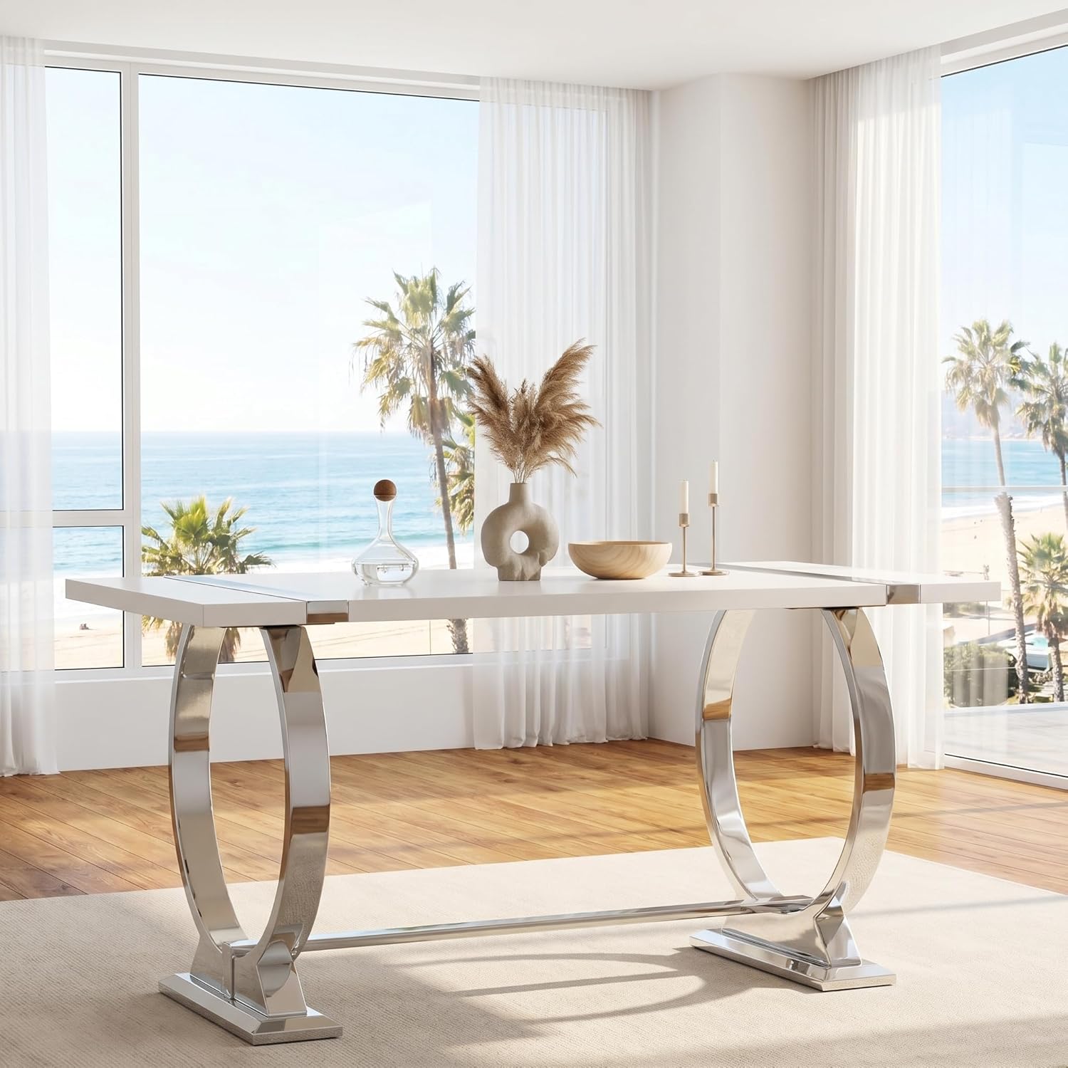 Asday 60" White and Silver Dining Table for 4-6, Modern Rectangle Wood Kitchen Table with Mirrored Chrome U-Shaped Metal Base for Dining Room, Kitchen, Dinner