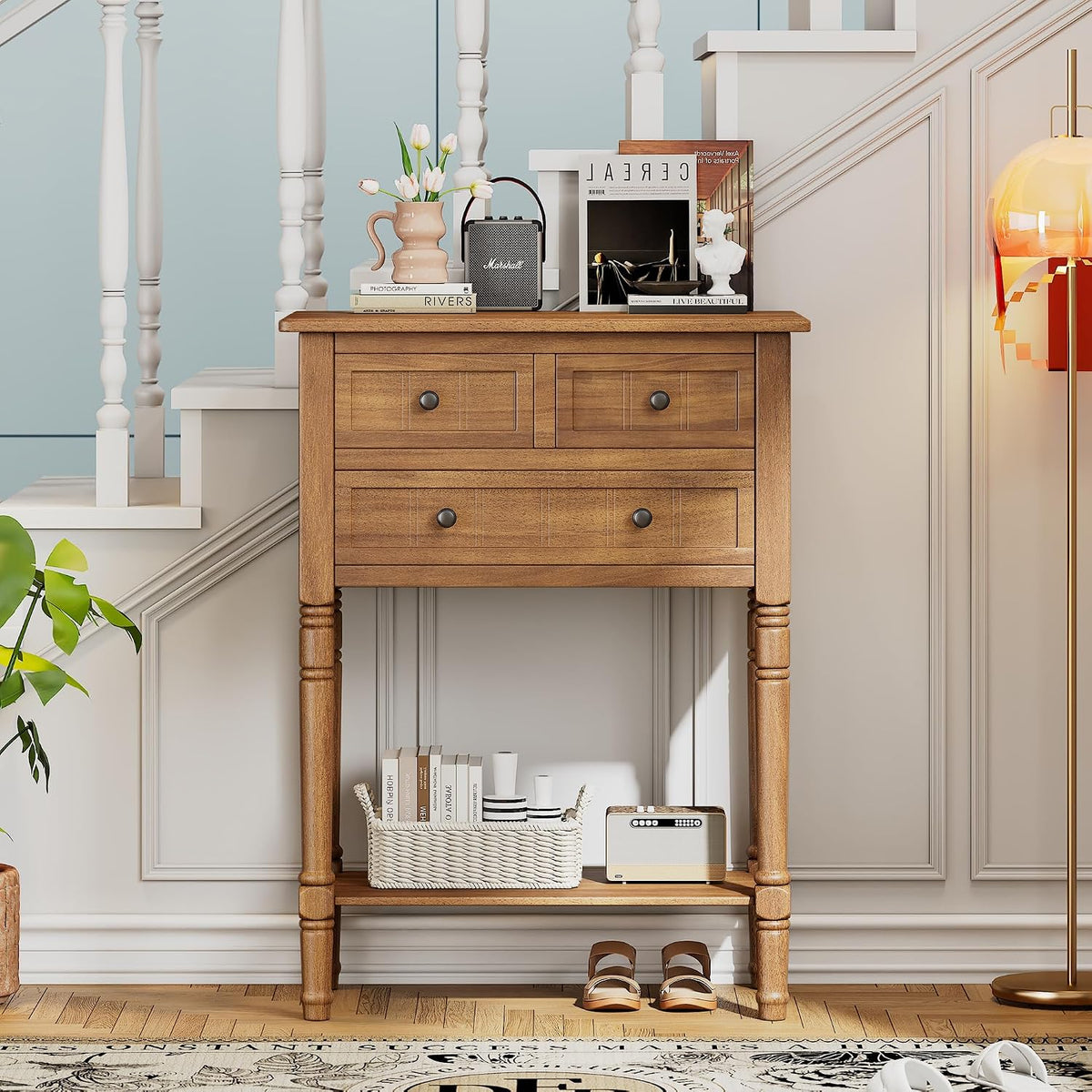 LKTART Small Solid Wood Sofa Table,Console Table with Drawers and Bottom Shelf, Entryway Hallway Foyer Entry Table for Living Room(23.7" Natural)