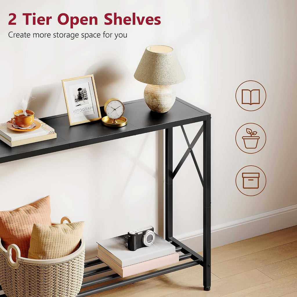 Tajsoon Console Table 41.8", 2 Tier Narrow Entryway Table with Shelves | Black Sofa Table with Stable X-Frame, Behind The Couch, for Entryway, Hallway, Entrance, Living Room, Foyer, Office, Black