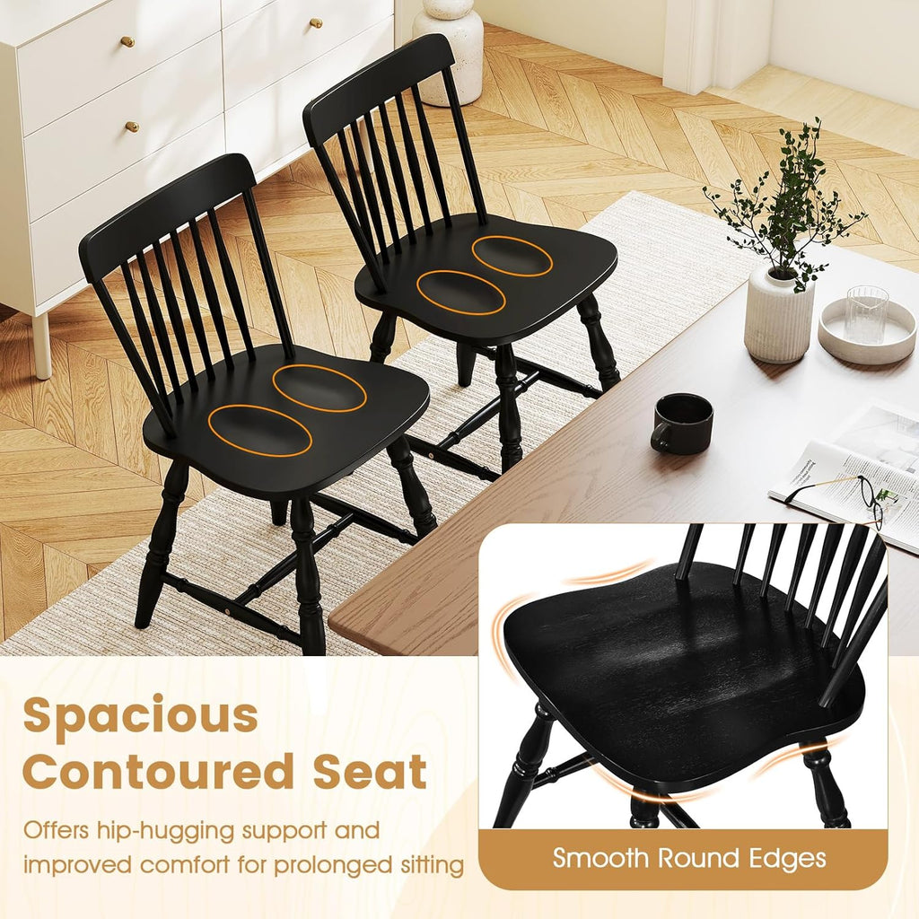 Giantex Black Windsor Dining Chairs Set of 4, Farmhouse Rubber Wood Kitchen Chairs with Turned Legs, Curved Spindle Back & Contoured Sat, Wooden Dining Room Chair for Living Room Restaurant