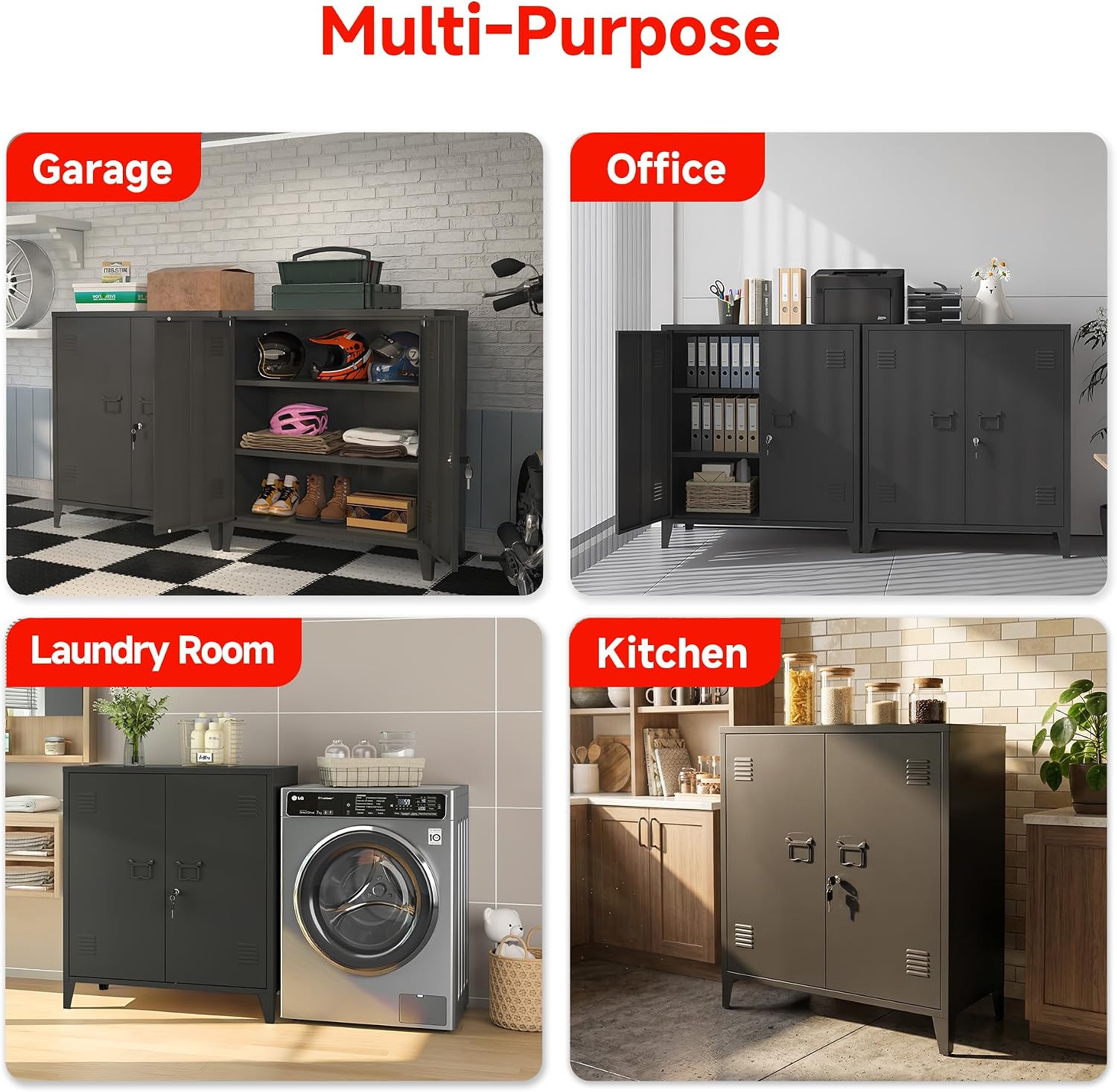 35.4”H Metal Storage Cabinet with Locking Doors and 2 Adjustable Shelves, Garage Storage Cabinet with Lock & Keys for Home School Office (Black)