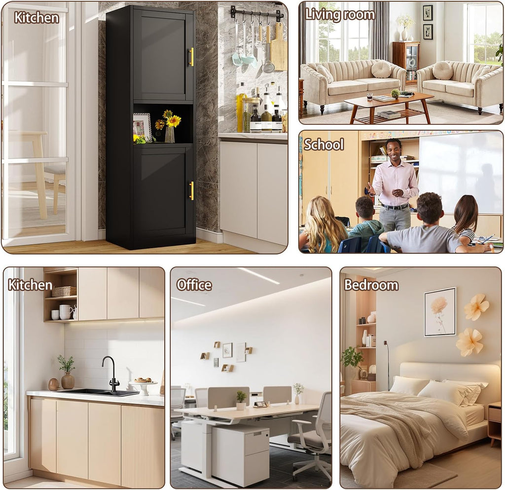 Kitchen Pantry Storage Cabinet,66.9" Tall Metal Storage Cabinet with 2 Door and 4 Adjustable Shelves.Freestanding Cupboard for Dining Room Living Room and Office.(Black)