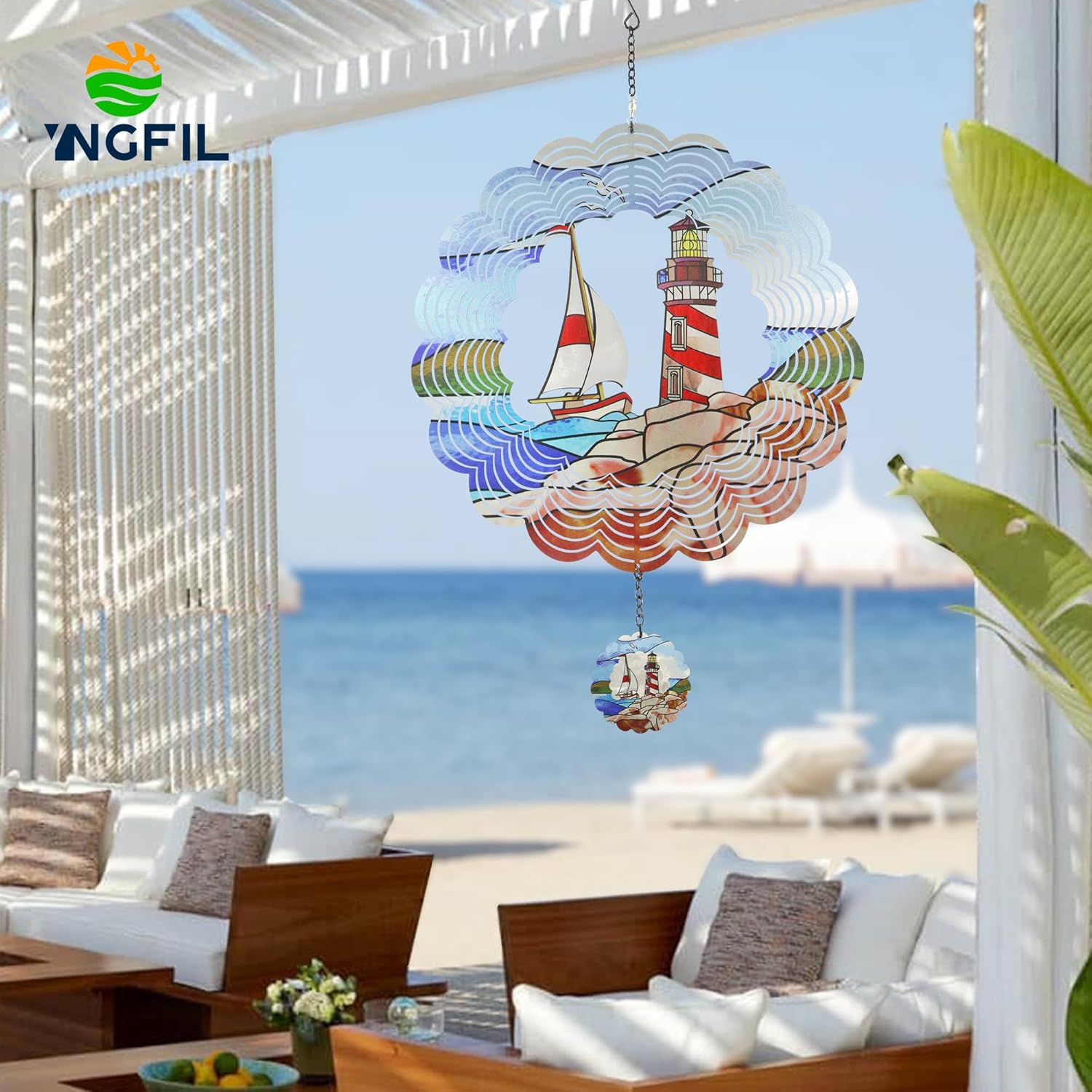 Lighthouse 3D Wind Spinner Kinetic Metal Art Hanging Wind Spinner Outdoor Decoration Ocean Ornaments Decor for Yard and Garden