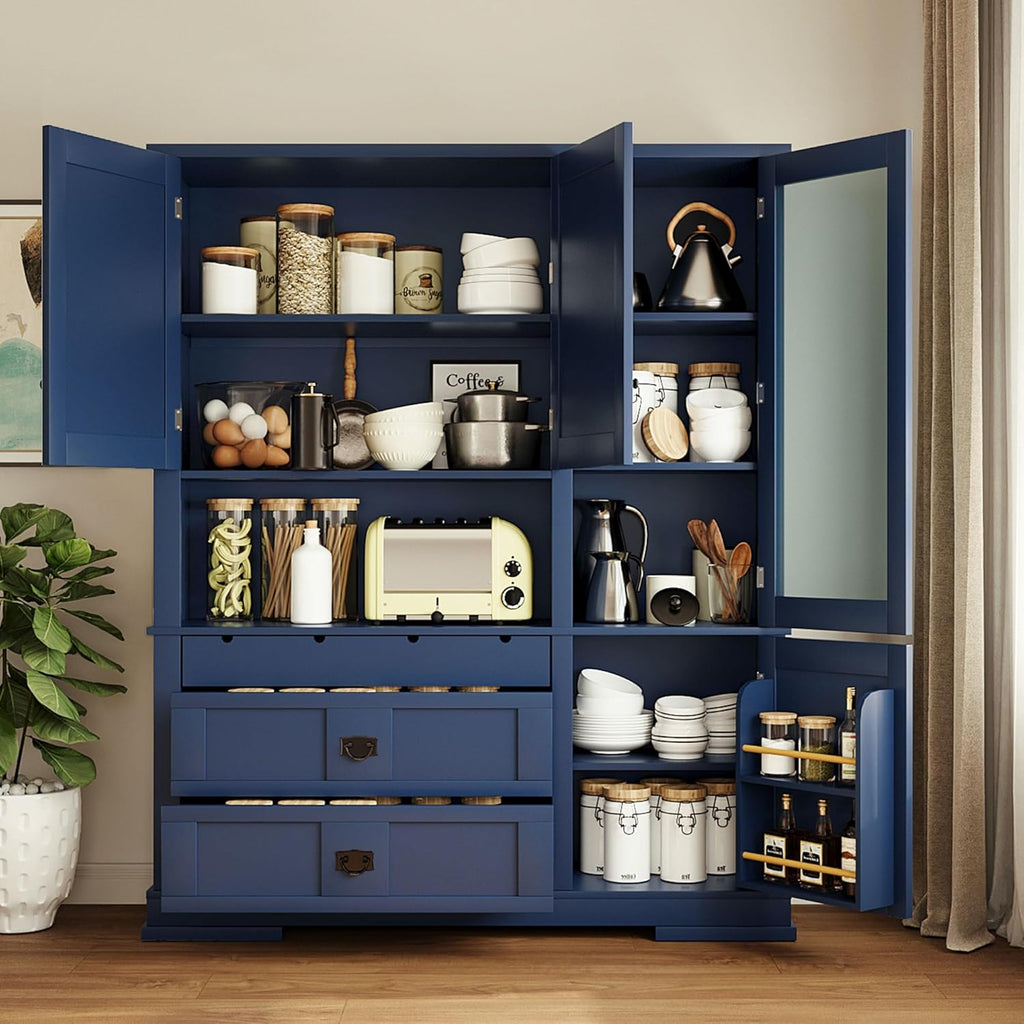 63.3" Traditional Freestanding Buffet Hutch with Storage Shelves & Organizer, Large Kitchen Pantry with Workstation (Blue17)