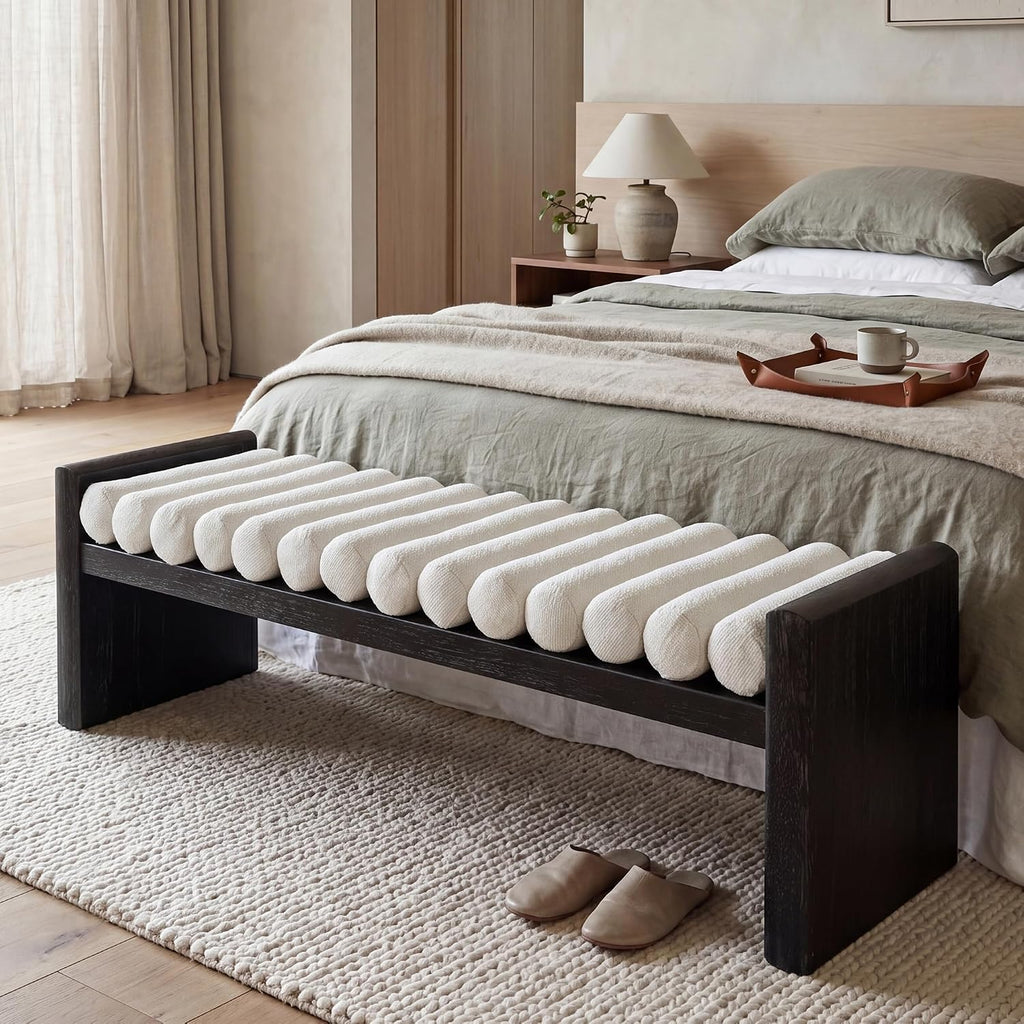 Virubi 62.8" Modern Chenille Upholstered End Bed Bench with Rolled Cushions, Rubberwood Frame Ottoman Bench, Oversized Entryway Shoe Bench for Bedroom Living Room Dining (Black, 62.8")
