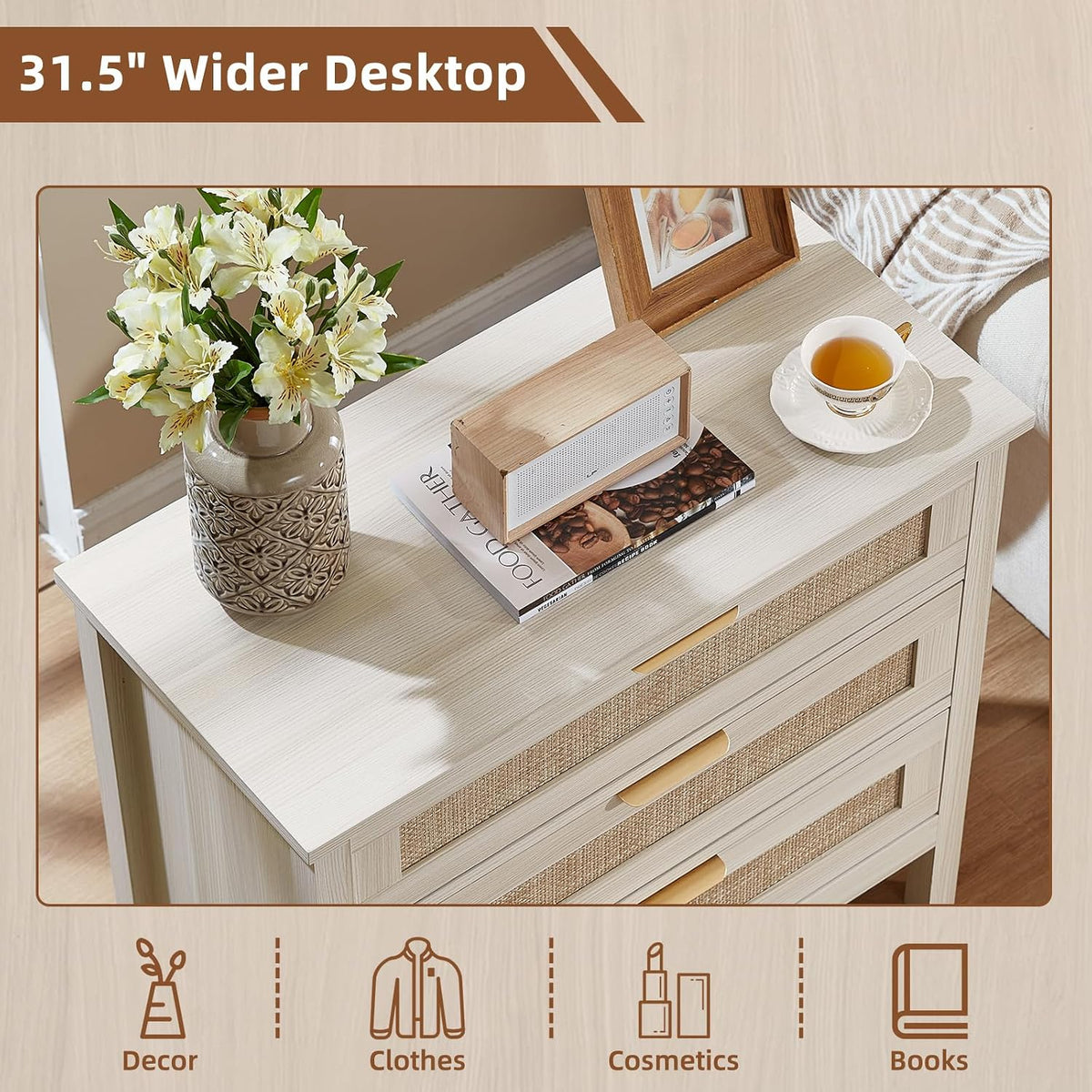 LEYAOYAO 31.5" Wide Rattan Nightstand, Large Boho 3 Drawer Night Stand | Grey White Bedside Table with Storage, Tall Bed Side End Tables for Bedroom, Living Room, Hallway