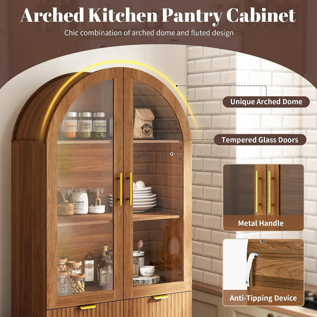 Pamapic 71" Tall Arched Cabinet, Fluted Kitchen Pantry with Glass Doors & Adjustable Shelves, Arch Storage Cabinet, Wooden Pantry for Dining Room, Living Room (Walnut)