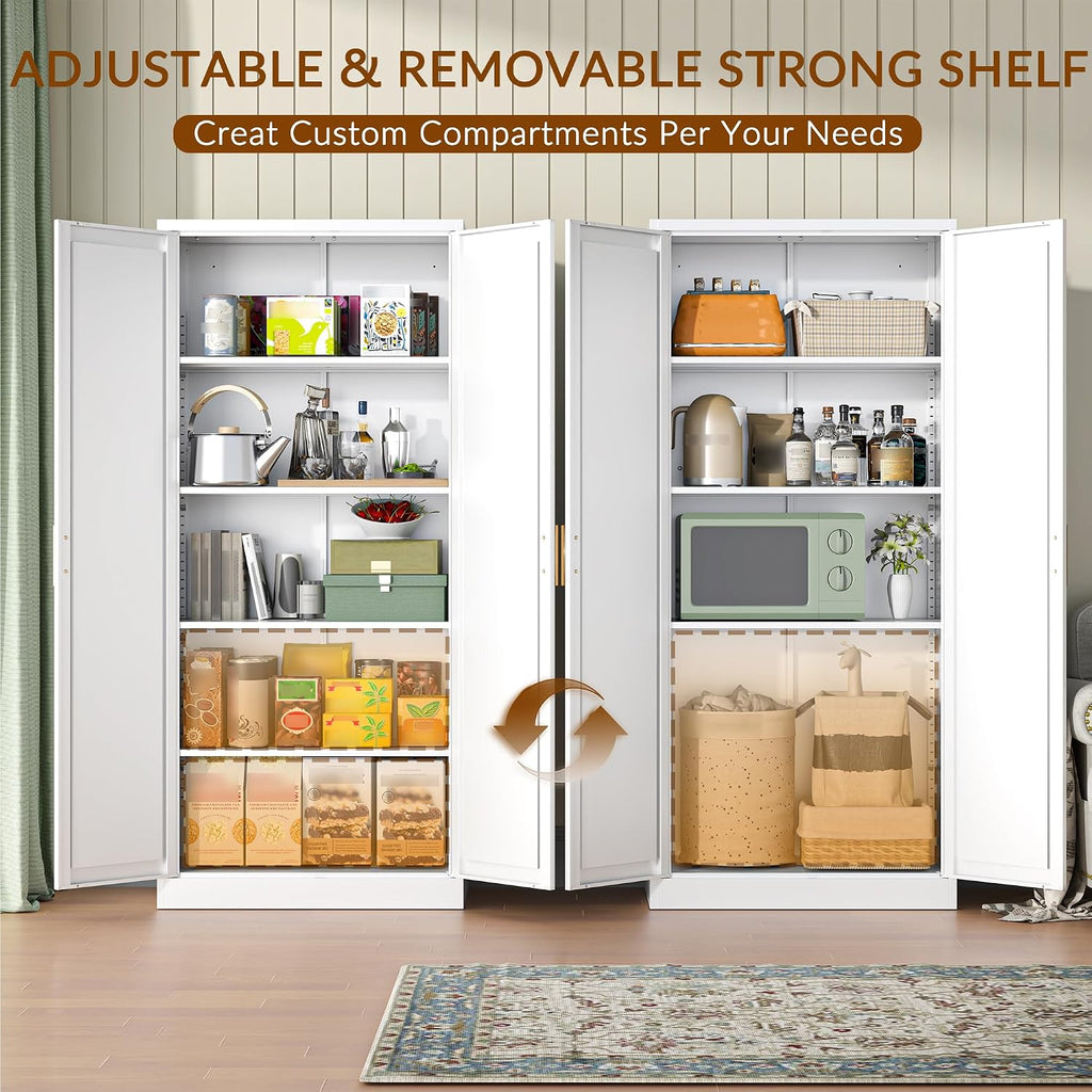 CJF White Kitchen Pantry Cabinet,71 Inch Tall Metal Storage Cabinet with 4 Adjustable Shelves and Doors, Freestanding Pantry Cabinet for Kitchen, Living Room, Dining Room, Bathroom, Easy to Assemble