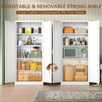 CJF White Kitchen Pantry Cabinet,71 Inch Tall Metal Storage Cabinet with 4 Adjustable Shelves and Doors, Freestanding Pantry Cabinet for Kitchen, Living Room, Dining Room, Bathroom, Easy to Assemble