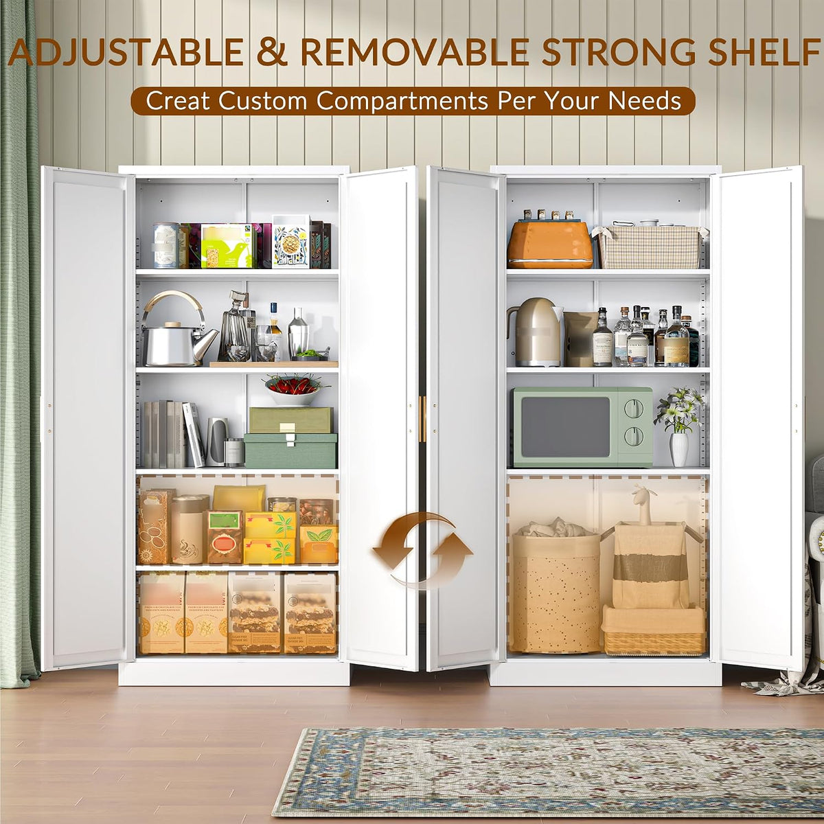 CJF White Kitchen Pantry Cabinet,71 Inch Tall Metal Storage Cabinet with 4 Adjustable Shelves and Doors, Freestanding Pantry Cabinet for Kitchen, Living Room, Dining Room, Bathroom, Easy to Assemble