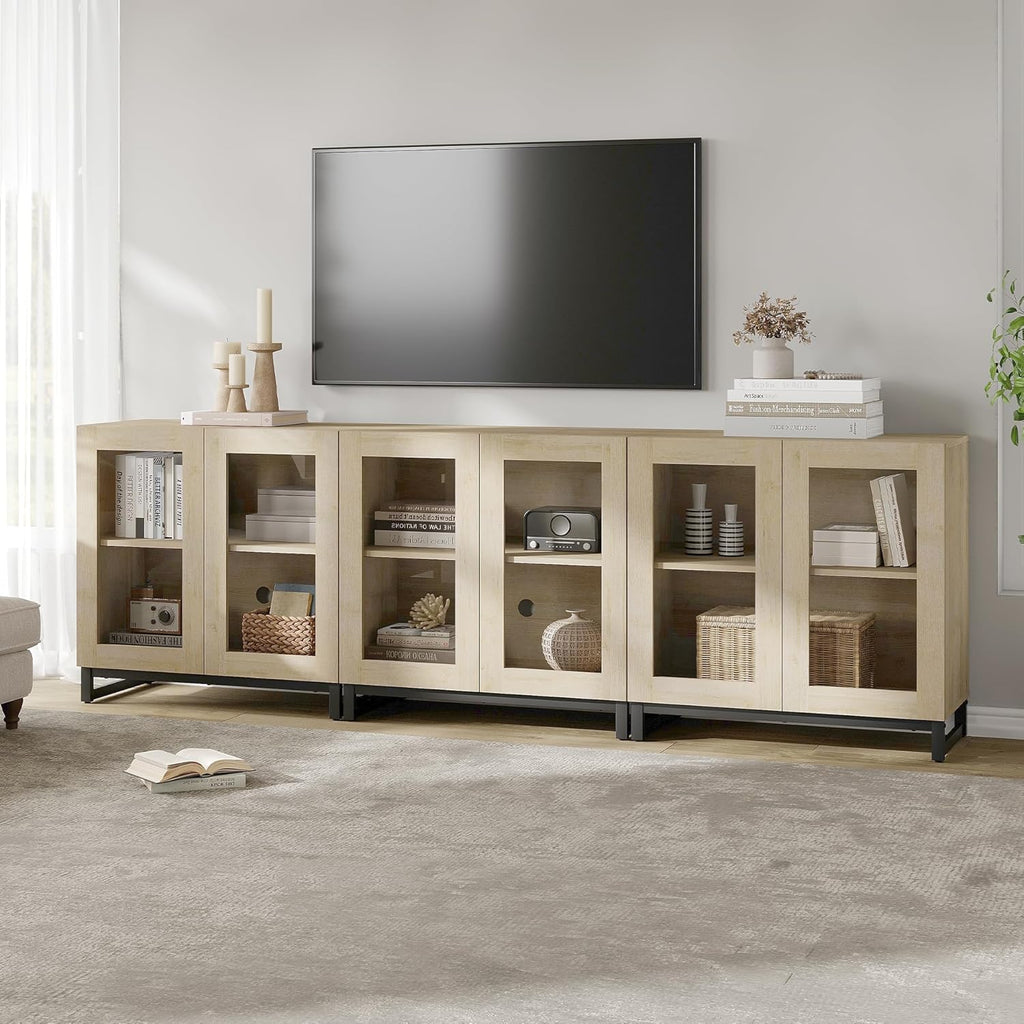 WAMPAT Sideboard Buffet Cabinets, Modern Credenza Sideboard with Adjustable Shelf and Metal Base, Coffee Bar Cabinet Accent Storage Cabinet for Living Room, Kitchen, Beige-A, 3 Pcs