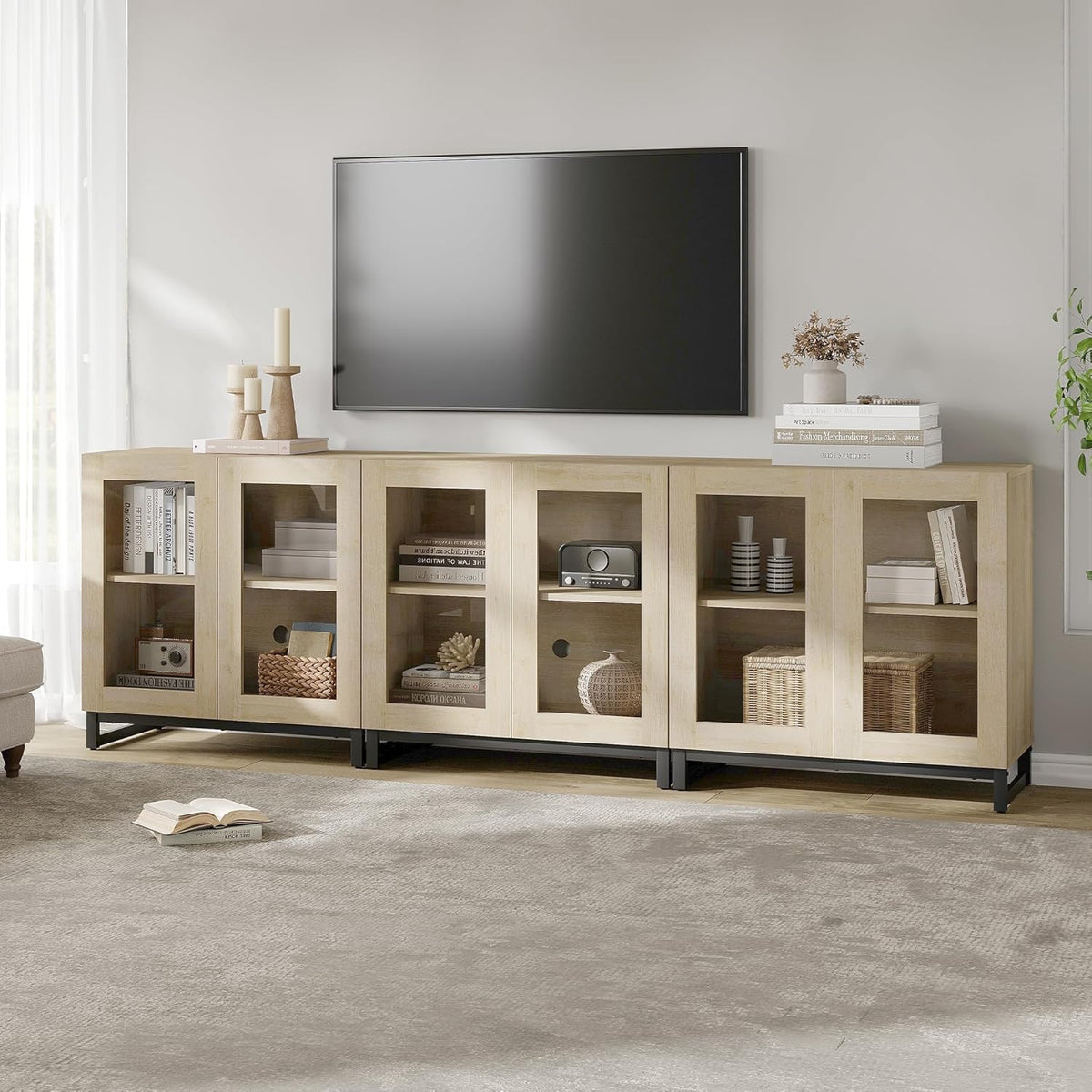 WAMPAT Sideboard Buffet Cabinets, Modern Credenza Sideboard with Adjustable Shelf and Metal Base, Coffee Bar Cabinet Accent Storage Cabinet for Living Room, Kitchen, Beige-A, 3 Pcs