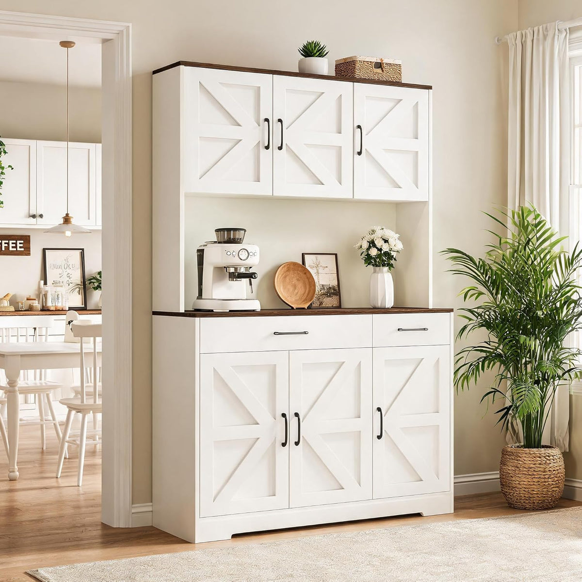 71" Kitchen Pantry Cabinet with Charging Station, Pantry Storage Cabinet Large Kitchen Hutch with Microwave Stand, Coffee Bar Station with Doors and Adjustable Shelves for Kitchen, White