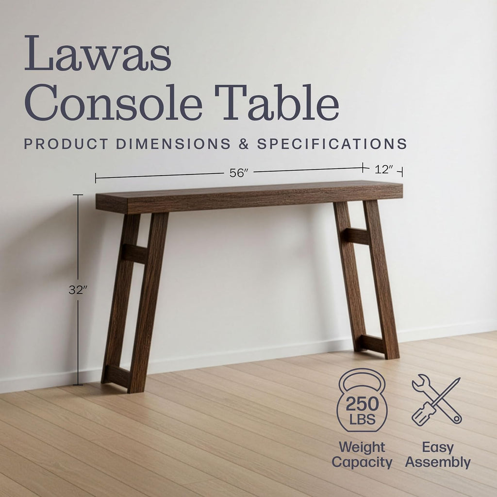 Alaterre Furniture Lawas Solid Wood Console Table, Brown, 56”x12”x32” | Modern Farmhouse Entryway Table, Easy Assembly Living Room Furniture for Behind the Couch, Entryway, or Hallway