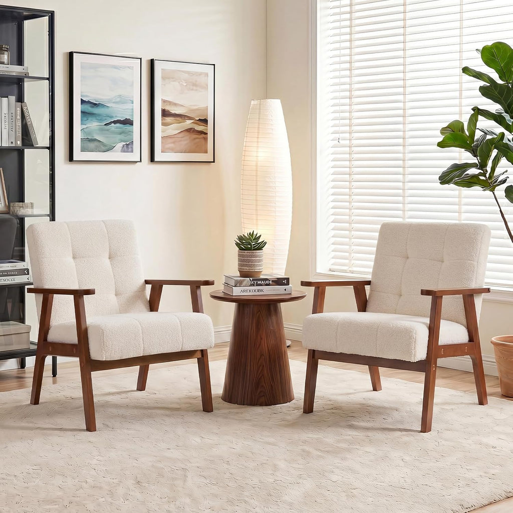 Furniliving Mid Century Modern Accent Chair, Wood Frame Upholstered Arm Chair with Waist Support, Button Tufted High Back Reading Armchair, Waiting Room Chairs for Bedroom Sunroom, Sherpa, White