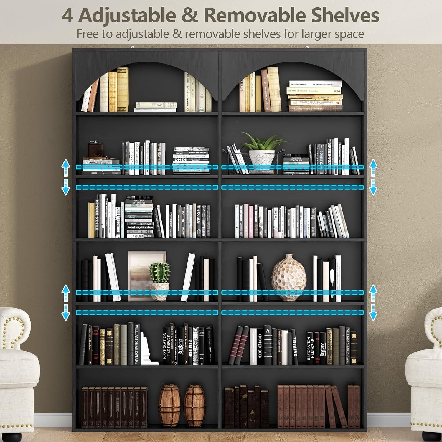 Gyfimoie 70.8’’ Tall Bookshelf and Bookcase, 7-Tier Double Wide Bookcase Modern Large Open Display Shelves with Curved Baffle for Home Office Living Room (Black)