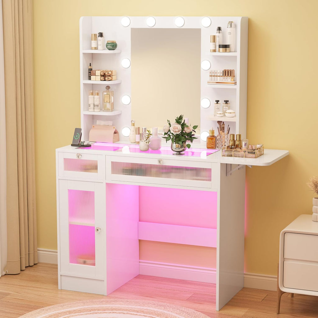 Vipbear White Vanity Desk Small Makeup Vanity Table with Mirror&Lights | Dressing Tables with Power Oulet 2 RGB Drawers Cabinet 6 Shelves Glass Top 10 LED Bulbs 3 Color Modes Folding Panel