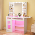 Vipbear White Vanity Desk Small Makeup Vanity Table with Mirror&Lights | Dressing Tables with Power Oulet 2 RGB Drawers Cabinet 6 Shelves Glass Top 10 LED Bulbs 3 Color Modes Folding Panel