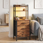 Fixwal 41 Inch Tall Nightstand with Charging Station, Led Night Stand with U-S-B Port & Socket, 3 PU Finished Fabric Storage Drawers, Office, Bedside Table & Bookshelf in One, Rustic Brown