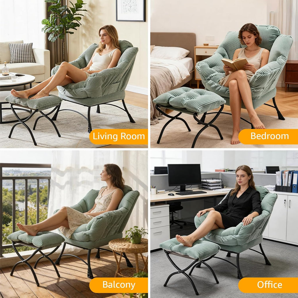 Oversized Lazy Chair with Ottoman for Adults, Chair and Ottoman Set Modern Skinny Lounge Chair with Footrest, Wide Reading Chair for Living Room/Bedroom, Comfy Accent Armchair for Small Spaces, Green