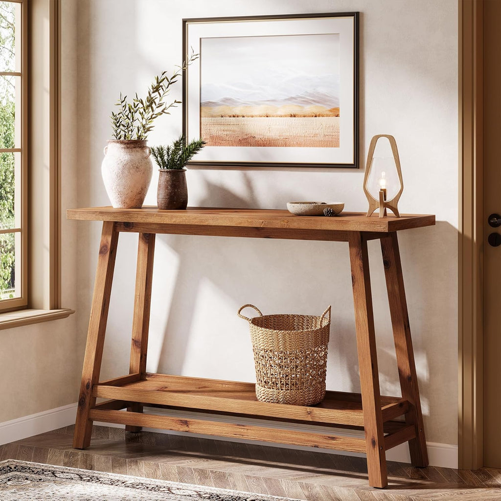 41.3" Farmhouse Console Table, Solid Wood Entryway Table with Storage Shelf, 2 Tiers of Narrow Behind Couch Sofa Furniture for Living Room, Hallway, Foyer, Easy Assembly
