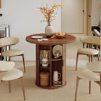 Nalupatio 31.5 Inch Round Dining Table for 2, Versatile Two-Person Kitchen Table with Half-Open Storage Shelf & Sliding Door, Modern Farmhouse Circle Dinner Table for Dining Room, Living Room, Walnut