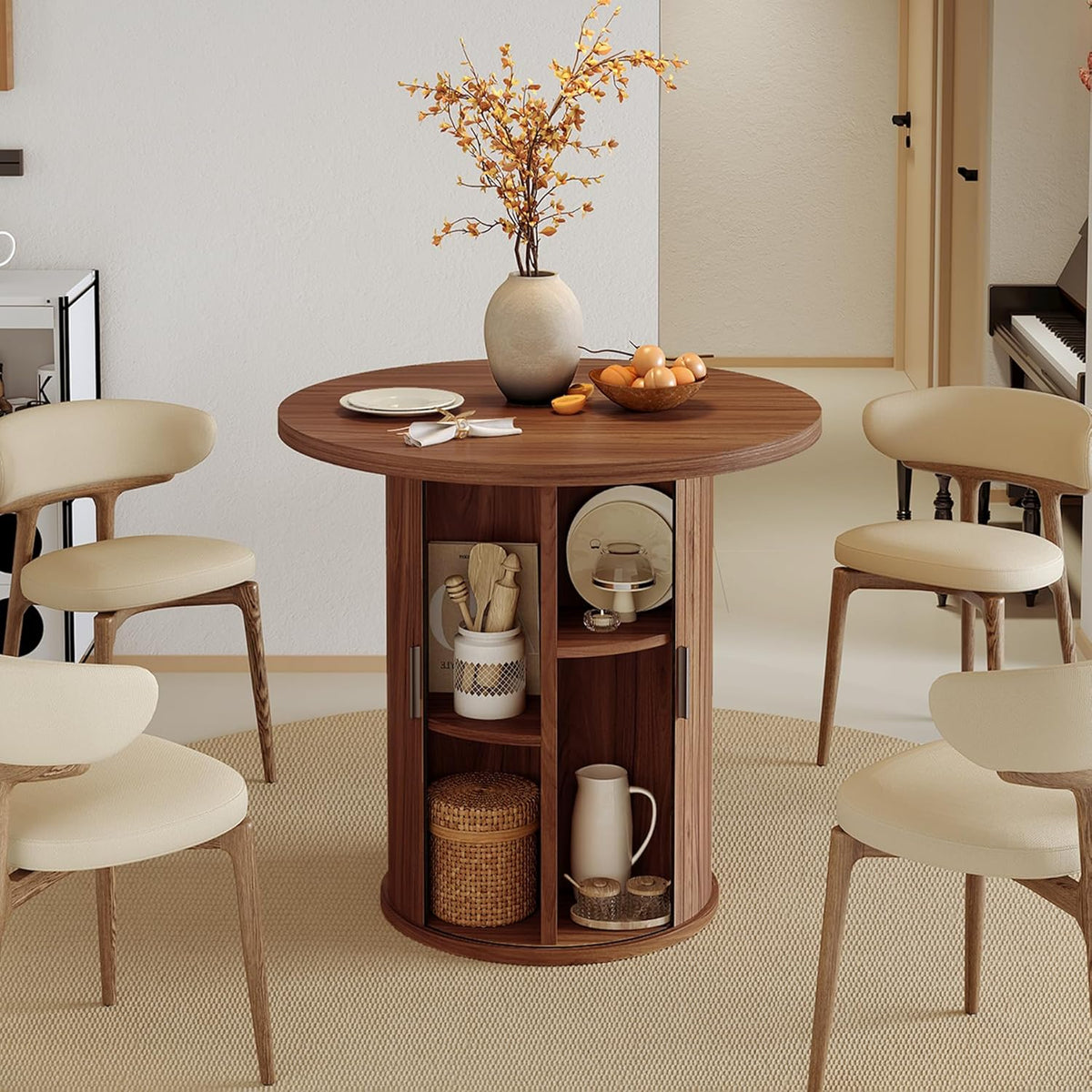 Nalupatio 31.5 Inch Round Dining Table for 2, Versatile Two-Person Kitchen Table with Half-Open Storage Shelf & Sliding Door, Modern Farmhouse Circle Dinner Table for Dining Room, Living Room, Walnut