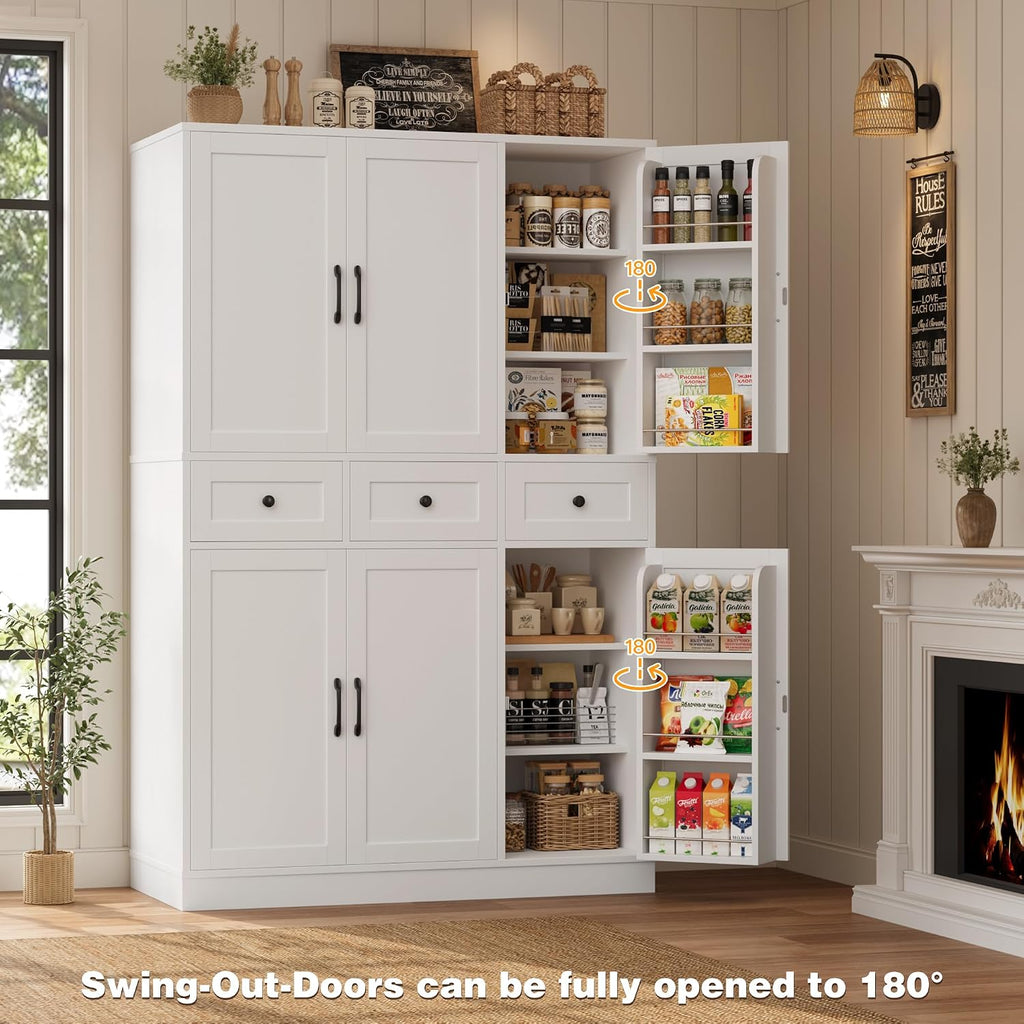 HITHOS 71" Tall Kitchen Pantry Storage Cabinet w/Drawers & Shelves, White | 47"W Kitchen Pantry Cabinet with Swing Out Doors, Large Wood Storage Cabinet, Modern Deep Food Pantry, Living Room
