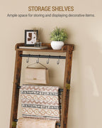 Hzuaneri Blanket Ladder Shelf, Decorative Quilt Rack, 7-Tier Farmhouse Ladder Holder Organizer with 4 Removable Hooks 7.9" D x 17.3" W x 66.9" H, Rustic Brown BR36801B