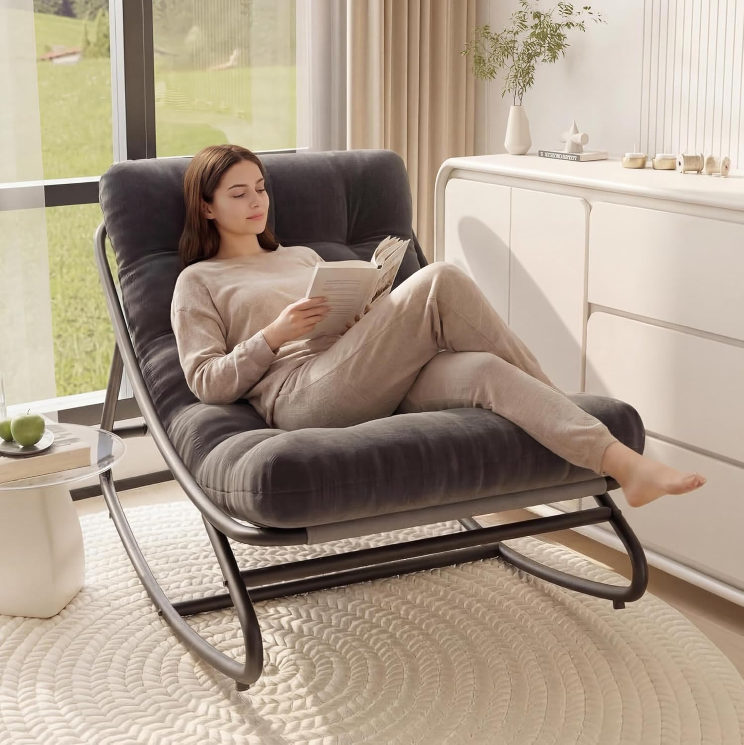 GarveeTech Outdoor Papasan Rocking Chair, Oversized Egg Rocker with Adjustable Swing & Waterproof Cushion, 450 lbs Capacity Metal Frame for Patio, Porch, Garden, Dark Gray