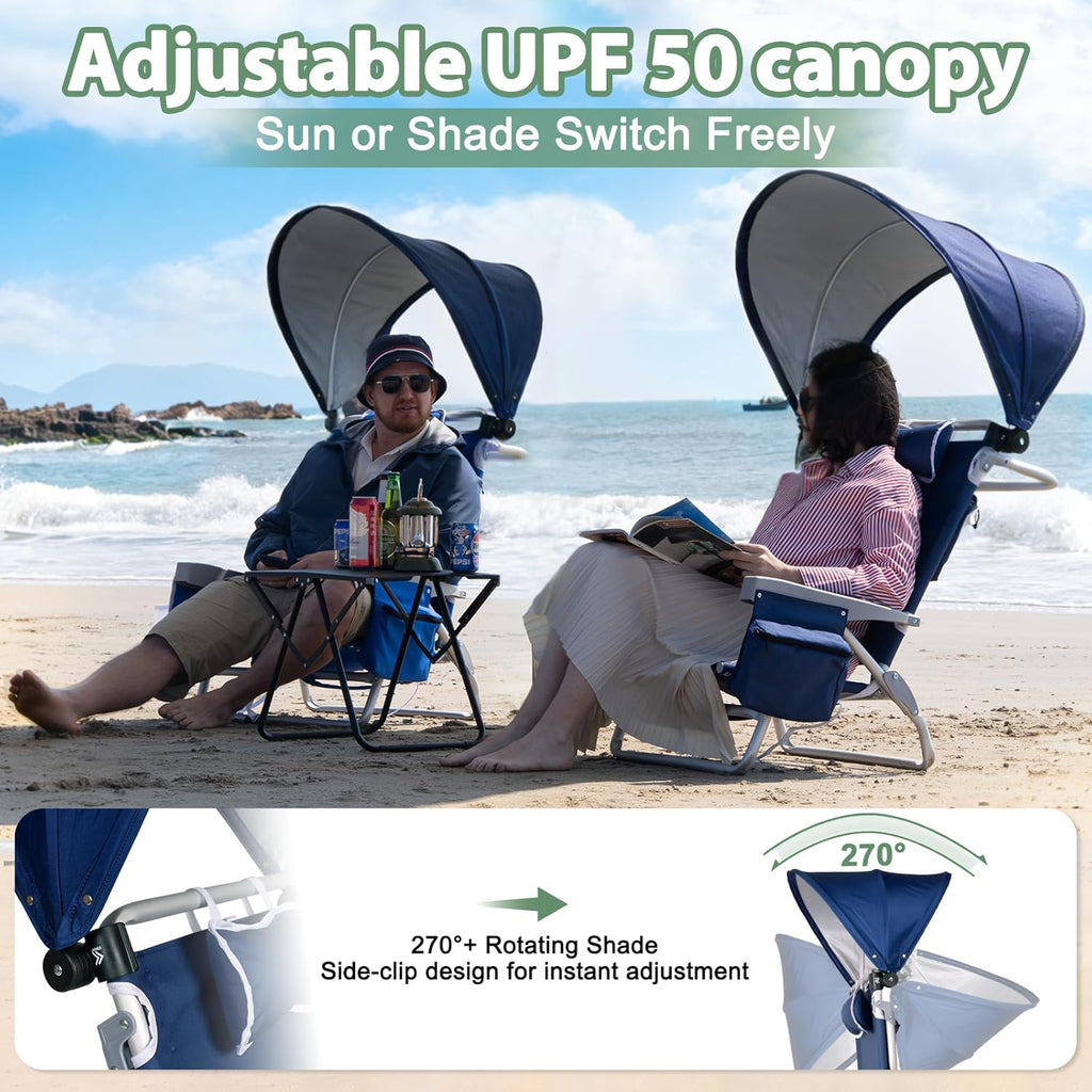 Romswi Extra Wide Beach Chair with Canopy Shade, 2 Pack Aluminum Folding Chairs with Detachable & Adjustable Umbrella, 5-Position Lay Flat, Cooler Bag, Cup & Phone Holder, Towel Bar, Navy Blue