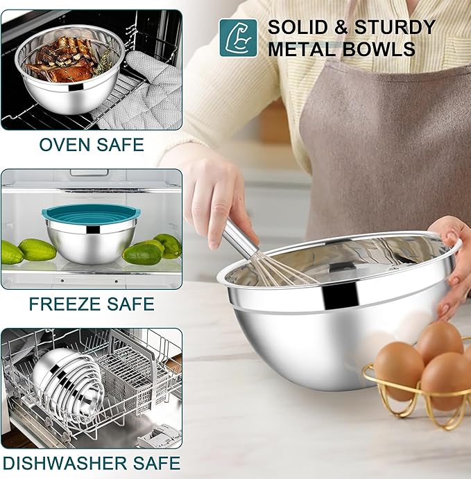 E-far Mixing Bowls with Lids Set, 7-Piece Stainless Steel Mixing Bowls with 3 Grater Attachments, Size 4.6, 3.5, 2.6, 2, 1.5, 1, 0.7QT, Metal Nesting Bowls & Blue Airtight Lids, For Baking/Cooking