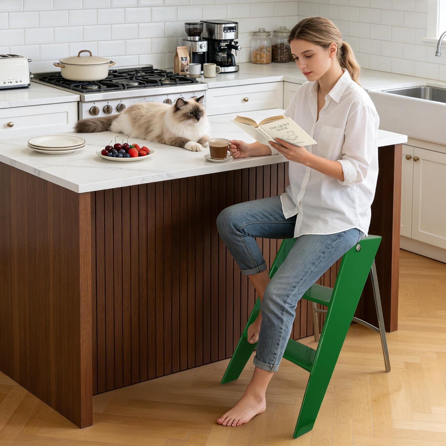 HOTEAGLE Modern Folding Chair - Multifunctional Design Doubles as Step Stool & Storage Shelf, Sturdy Engineering Plastic for Kitchen, Dining & Bistro,Green