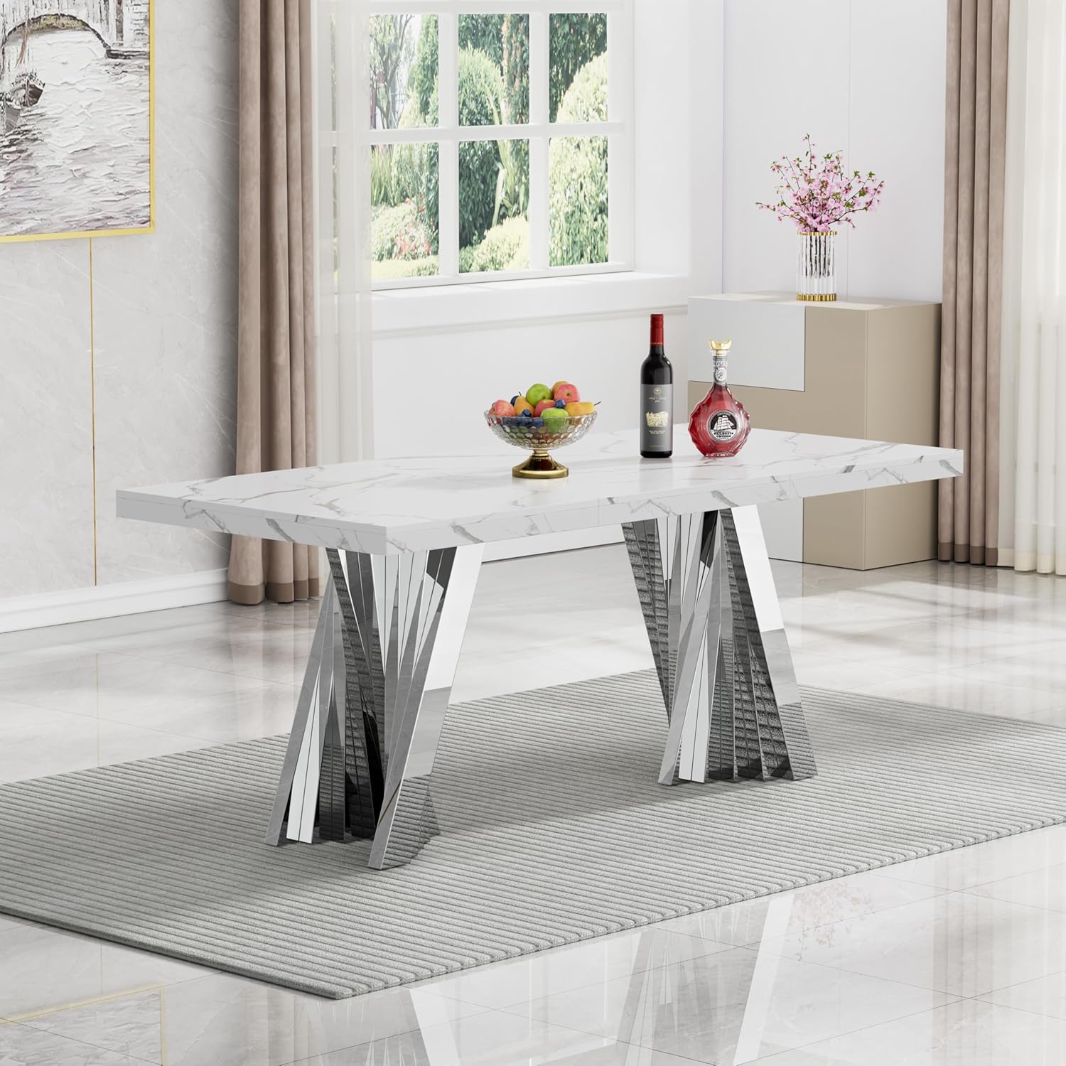 70" Faux Marble White Dining Table for 6, Modern Dining Room Table with 0.71" Marble Printing MDF Top and Flash-Shaped Silver Stainless Steel Base,Rectangular Large Kitchen Dinner Table