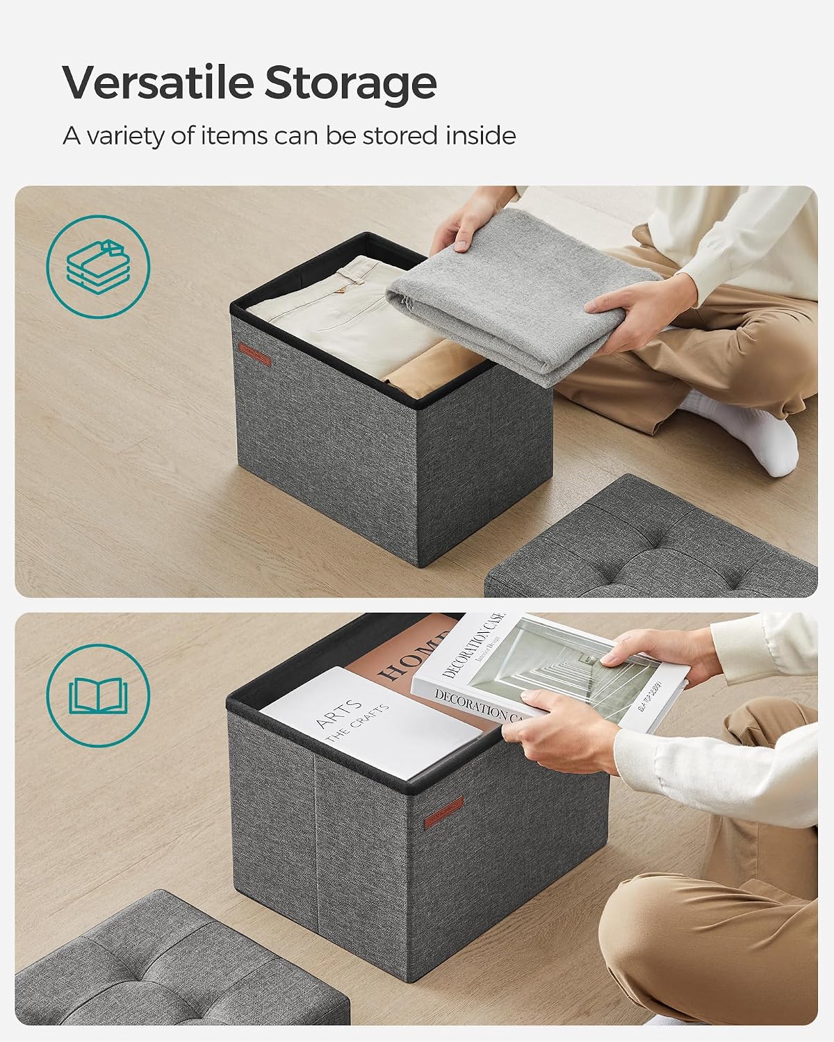 SONGMICS Small Folding Storage Ottoman, 15.7 x 12.2 x 12.2 Inches | Foot Rest Stool, 286 lb Load Capacity, Slate Gray and Ink Black, MINOTA Collection ULSF102G21