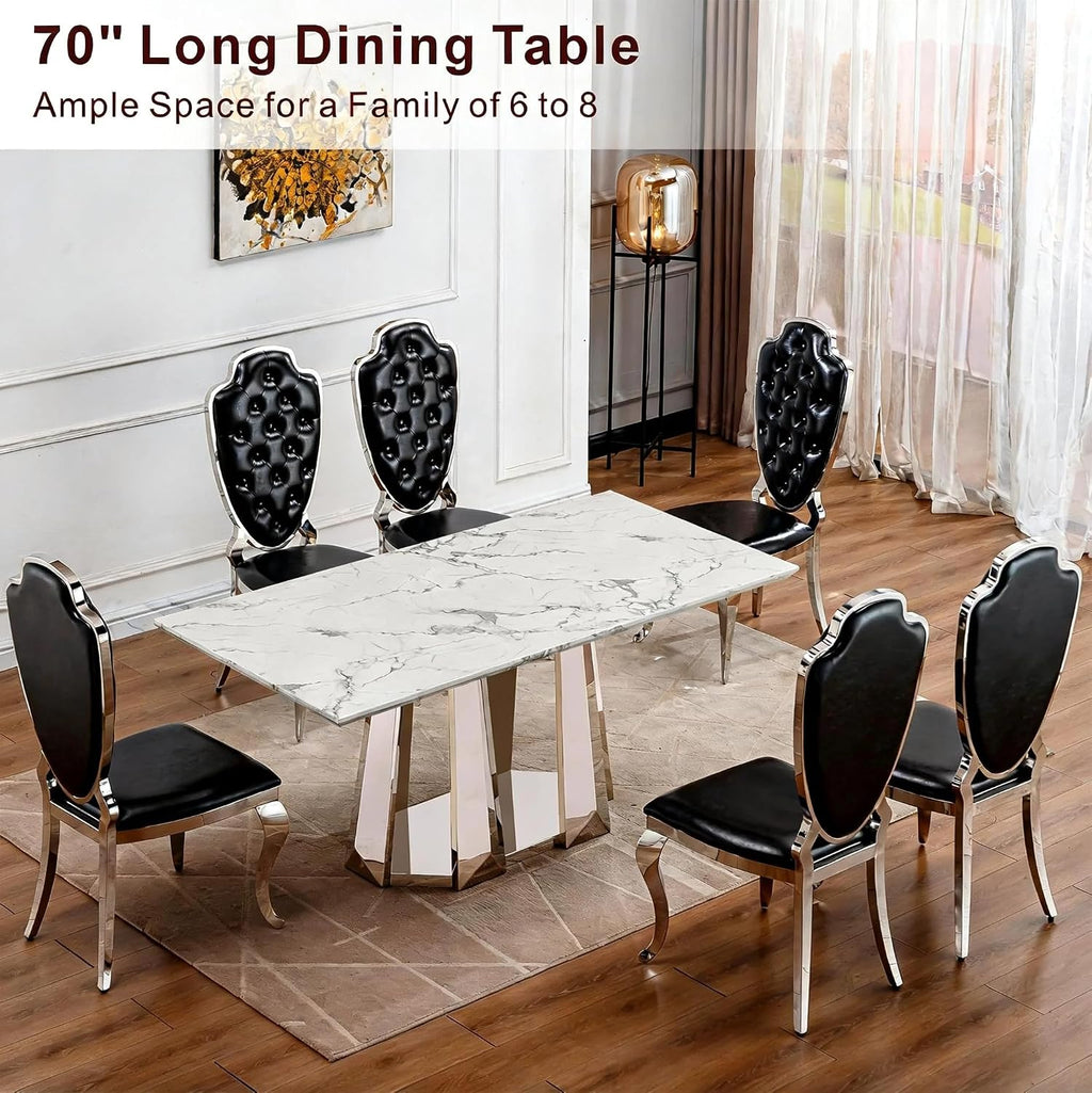 Luxury Rectangle Faux Marble 70" White Dining Table for 6-8 People, Modern Large Kitchen Table with Silver Mirrored Stainless Steel Leg Base, Dining Table for Dining/Living Room, Office (One Table)