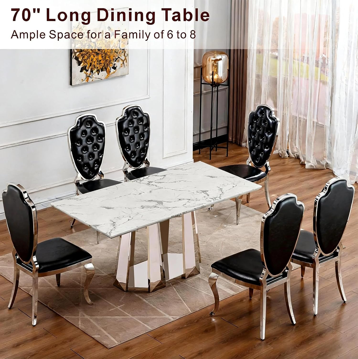 Luxury Rectangle Faux Marble 70" White Dining Table for 6-8 People, Modern Large Kitchen Table with Silver Mirrored Stainless Steel Leg Base, Dining Table for Dining/Living Room, Office (One Table)