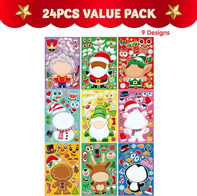 JOYIN 24 Pcs Christmas Make-a-face Stickers, Make Your Own Characters Mix and Match Sticker Sheets with Santa Claus, Snowman, Reindeer, Elf for Kids Party Favors, Holiday Presents, Class Activities