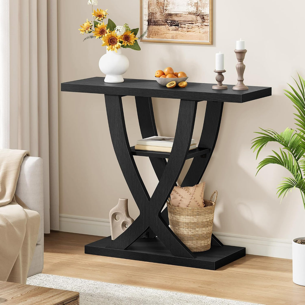 FAVOOSTY Entryway Table, 3 Tier Hallway Table, Console Tables for Living Room, Narrow Entrance Table with Storage, Sofa Table Behind Counch, Accent Table for Entry Foyer, Black
