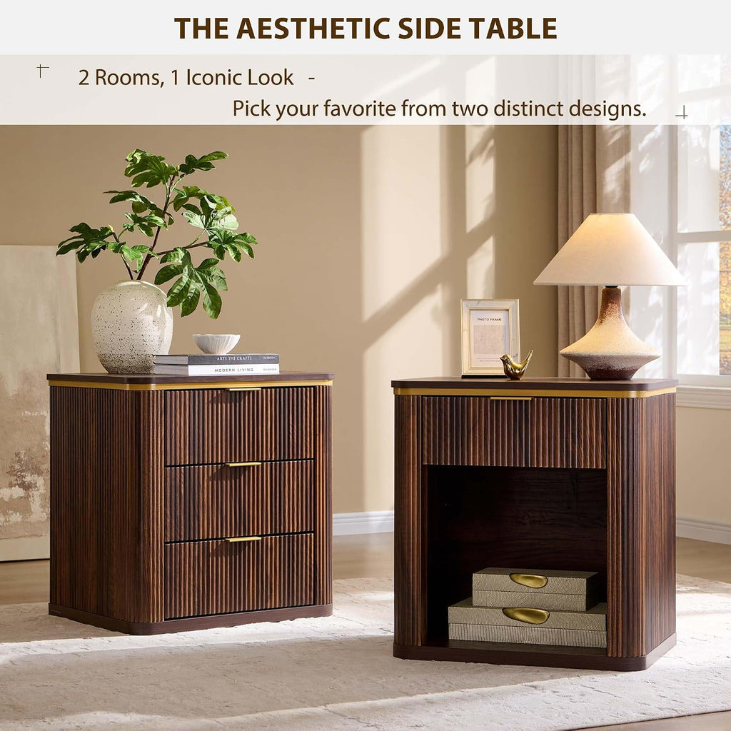 T4TREAM 24" Large Mid Century Modern Fluted Nightstand with 3 Drawers, End Table, Bedside Table for Bedroom, Living Room (Dark Walnut)