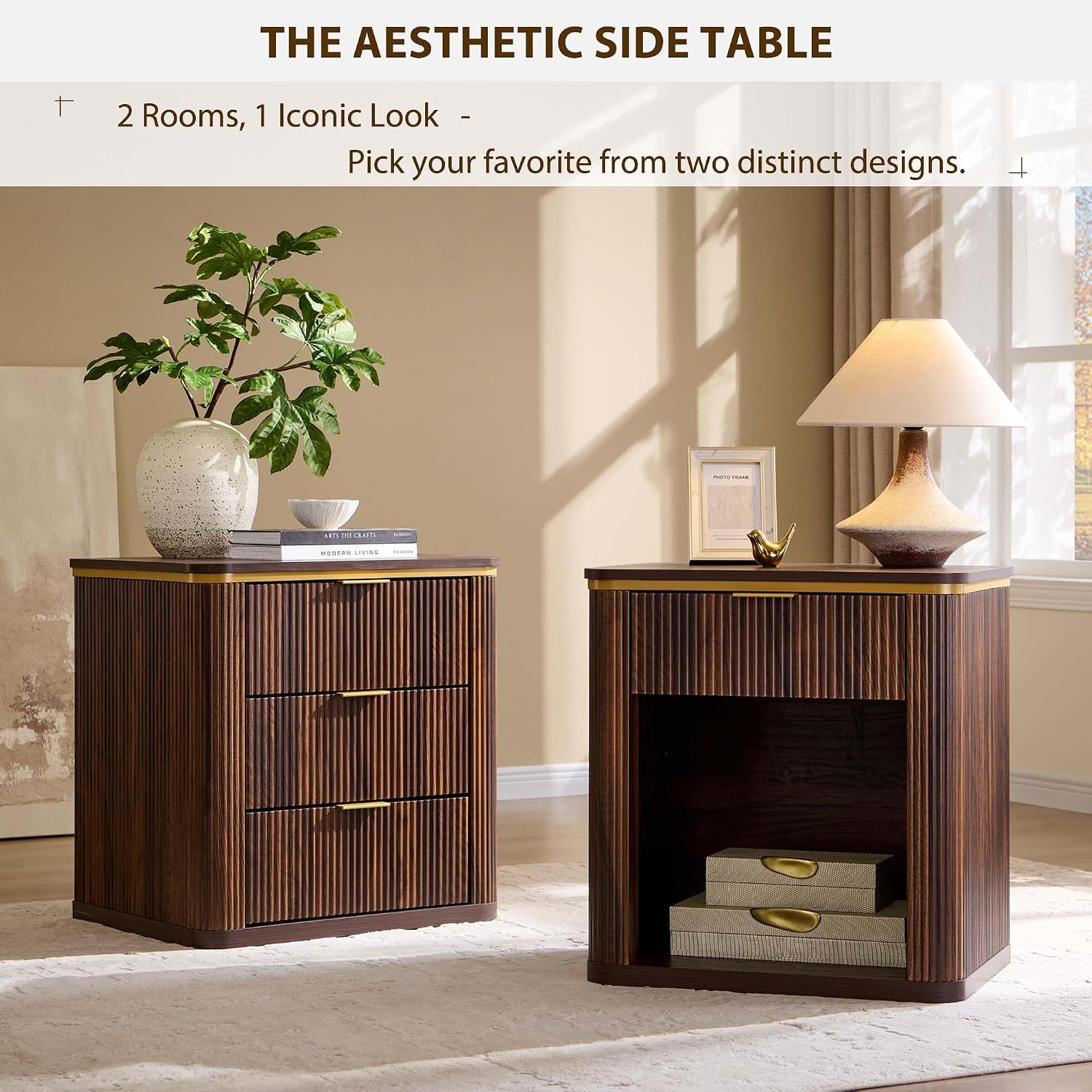 T4TREAM 24" Large Mid Century Modern Fluted Nightstand with 3 Drawers, End Table, Bedside Table for Bedroom, Living Room (Dark Walnut)