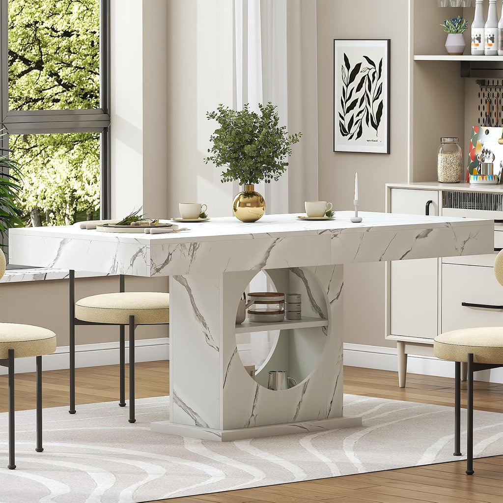Dining Table for 4-6 People, 55 Inches Dinner Table with Drawers and Open Storage, Wooden Pedestal Base, Rectangular Farmhouse Kitchen Table for Kitchen, Living Room, Marble White