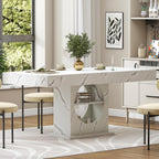 Dining Table for 4-6 People, 55 Inches Dinner Table with Drawers and Open Storage, Wooden Pedestal Base, Rectangular Farmhouse Kitchen Table for Kitchen, Living Room, Marble White