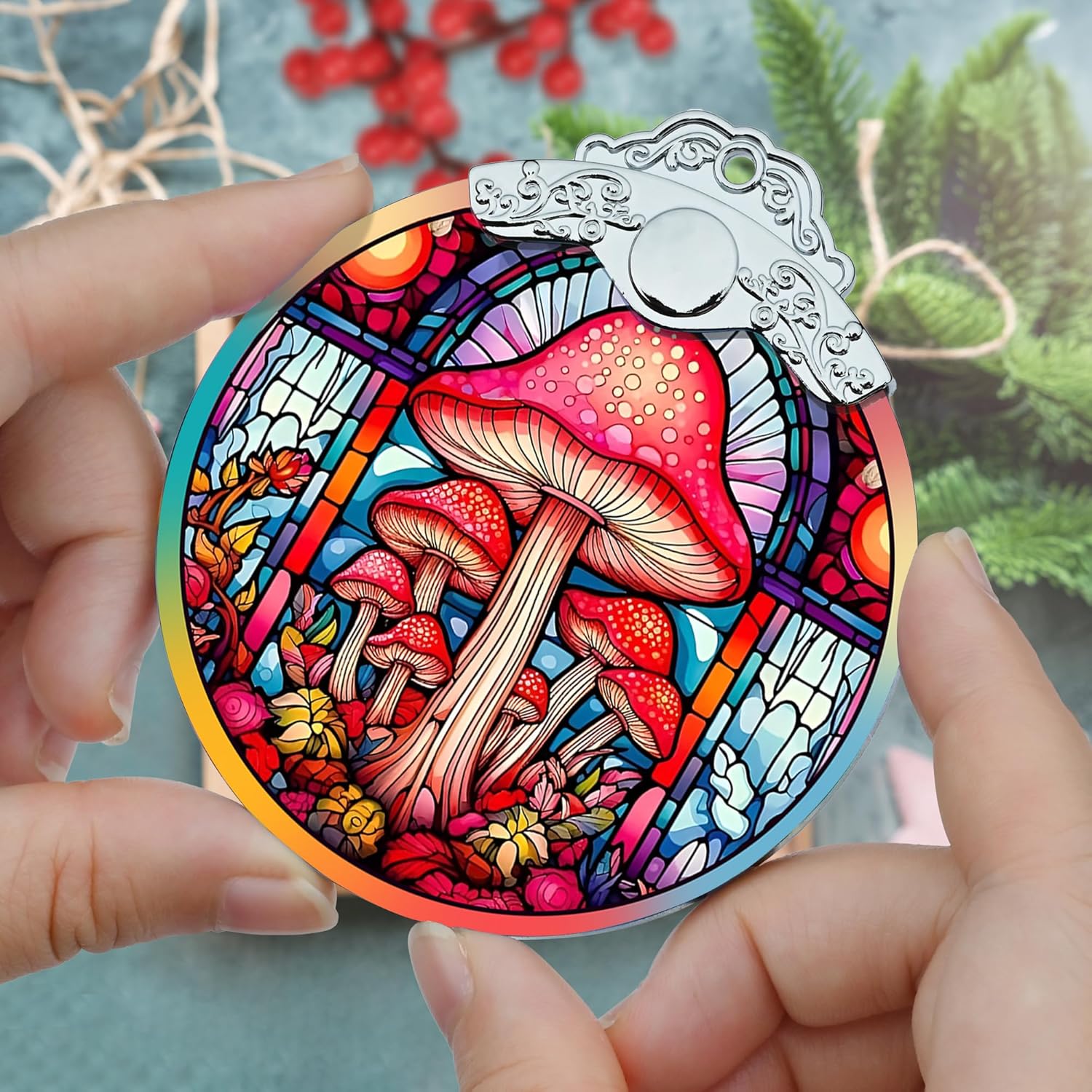 Stained Glass Christmas Ornament, Jocidea Mushroom Christmas Decorations, Christmas Tree Ornament, Mushroom Lovers Gifts, Holiday Decor and Xmas Gifts Ideas