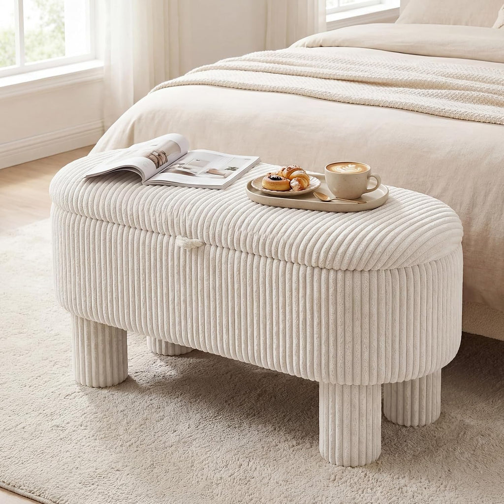 Giantex 42'' Storage Ottoman Bench, Corduroy Fabric Upholstered End of Bed Bench with Hidden Storage Compartment & Legs, Blanket Storage Chest for Living Room, Bedroom, Entryway (Beige)