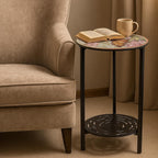 2-Tier Metal Round Side Table Black Accent Coffee Tables Small Space Corner Plant Stand Shelf for Indoor Outdoor Use Patio Balcony End Table Butterfly Print Weather-Resistant