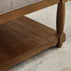 Large Square Upholstered Tufted Linen Ottoman Coffee Table, Large Footrest Ottoman with Solid Wood Shelf- Linen