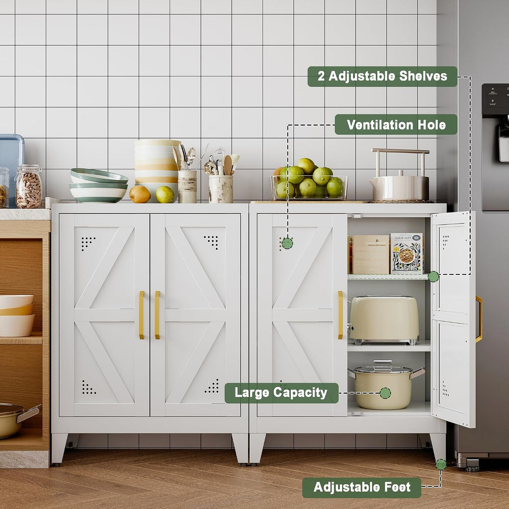32" Metal Bathroom Storage Cabinet,Floor Storage Cabinet with 2 Doors and 2 Adjustable Shelves,Freestanding Sideboard for Small Spaces, Hallway, Dining Room,White