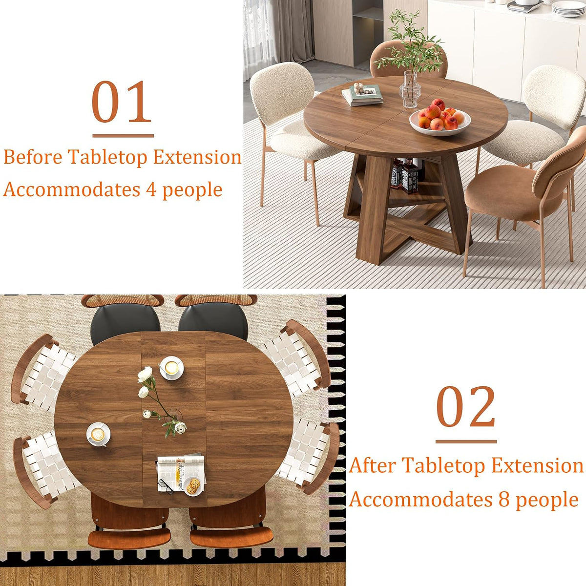 43.3"-59" Extendable Round Oval Dining Table for 4-8 with Storage Shelf | Modern Kitchen Oval Dining Table with Removable Leaves,Space Saving Extendable Table Wood Base for Kitchen Living Room Walnut