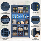 70.9” Farmhouse Kitchen Pantry Cabinet with LED Light & Power Outlets, Rustic Buffet Hutch with Wine Rack Glass Holder Drawer and Adjustable Shelves for Dining Room Coffee Bar Blue